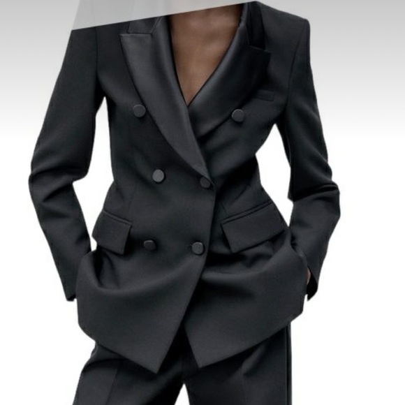 Zara Jackets & Blazers - Zara Double Breasted Black Satin Lapel Collar Blazer
